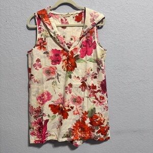 Soft Surroundings White Sleeveless Floral Linen Hooded Size M Tunic